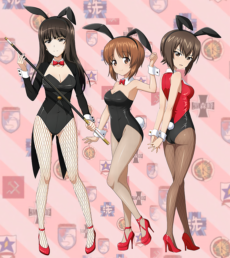 3girls, anzio_(emblem), arms_behind_back, breasts, brown_eyes, brown_hair, cleavage, detached_collar, emblem, fishnets, girls_und_panzer, girls_und_panzer_senshadou_daisakusen!, gluteal_fold, haiiro_purin, hair_between_eyes, high_heels, kuromorimine_(emblem), large_breasts, long_hair, looking_at_viewer, medium_breasts, multiple_girls, nishizumi_maho, nishizumi_miho, nishizumi_shiho, pantyhose, playboy_bunny, pravda_(emblem), rabbit_tail, red_footwear, saunders_(emblem), short_hair, smile, st._gloriana's_(emblem), standing, standing_on_one_leg, striped_background, tail, thighs, wrist_cuffs