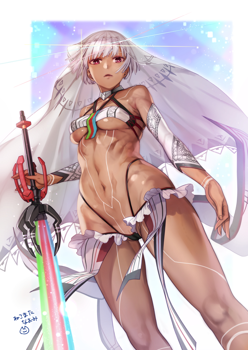 1girl, altera_(fate), bare_shoulders, breasts, dark-skinned_female, dark_skin, detached_sleeves, energy_sword, fate/extella, fate/extra, fate_(series), full-body_tattoo, highres, looking_at_viewer, navel, nekomata_naomi, parted_lips, photon_ray_(fate), red_eyes, short_hair, small_breasts, sword, tattoo, thighs, veil, weapon, white_hair