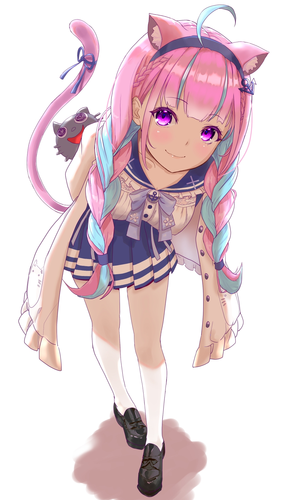 1girl, ahoge, anchor_hair_ornament, animal_ears, animal_print, arms_behind_back, black_shoes, blue_hair