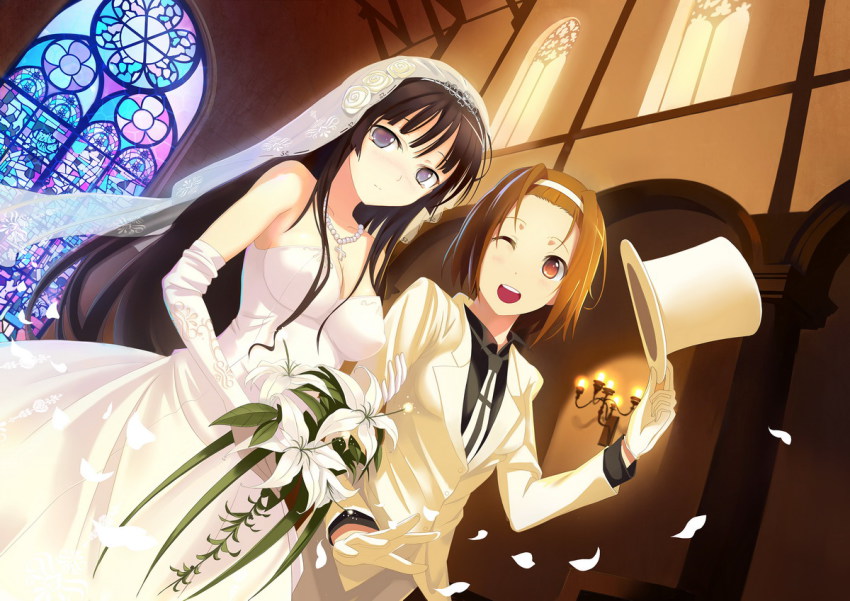 00s, 2girls, akiyama_mio, bare_shoulders, black_eyes, black_hair, blunt_bangs, blush, bouquet, breasts, bride, brown_hair, church, cleavage, couple, cross, dress, dutch_angle, elbow_gloves, flower, formal_clothes, gloves, hairband, happy, hat, hat_tip, hime_cut, jewelry, k-on!, light_smile, lily_(flower), long_hair, medium_breasts, multiple_girls, necklace, one_eye_closed, open_mouth, pant_suit, pants, pearl_necklace, round_teeth, short_hair, smile, stained_glass, strapless, strapless_dress, suit, tainaka_ritsu, teeth, top_hat, wedding, wedding_dress, white_gloves, wife_and_wife, wink, yunohara_konomi, yuri