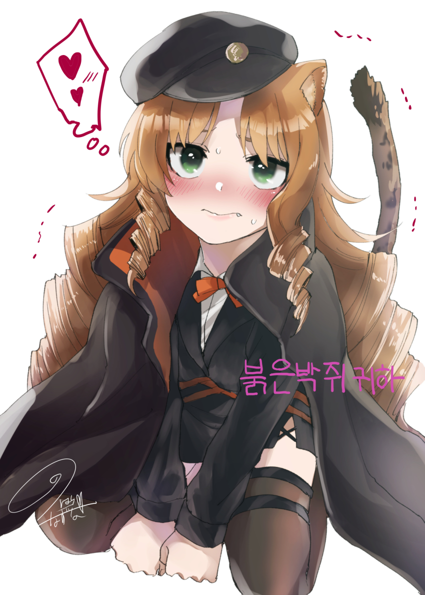 1girl, animal_ears, arknights, black_cape, black_hat, black_jacket, black_thighhighs, blush, brown_hair, newsboy_cap, cape, commentary_request, daginin, drill_hair, drill_sidelocks, fang, fang_out, green_eyes, hat, heart, highres, jacket, long_sleeves, looking_at_viewer, partial_commentary, seiza, sidelocks, sitting, solo, swire_(arknights), tail, thighhighs, tiger_ears, tiger_tail