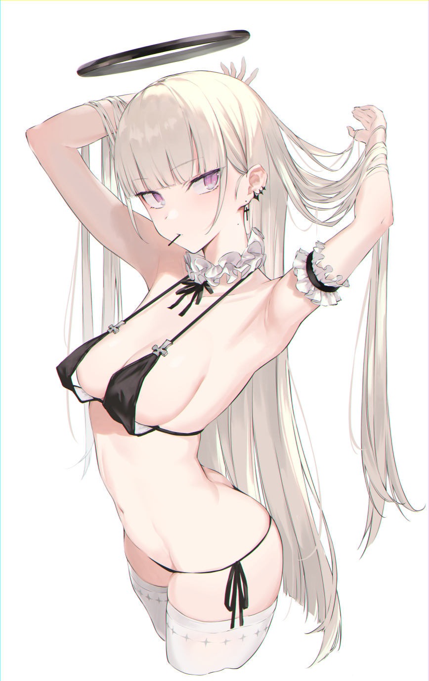 1girl, armpits, ass, bikini, black_bikini, blunt_bangs, breasts, butt_crack