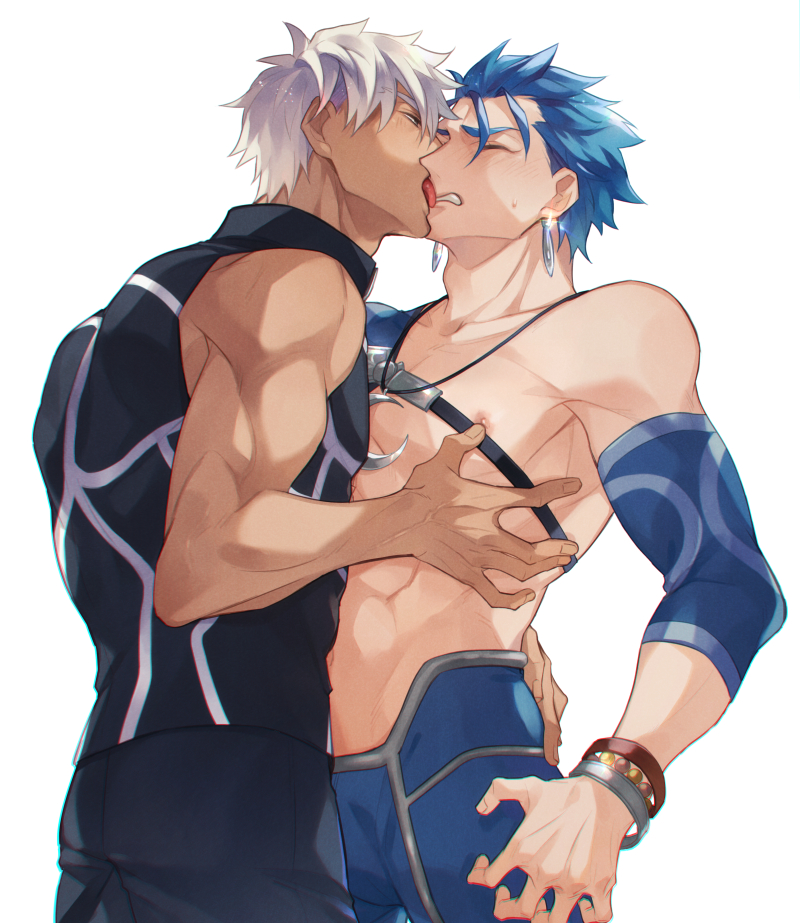 2boys, abs, archer_(fate), bare_pectorals, bare_shoulders, blue_bodysuit, blue_hair, blush