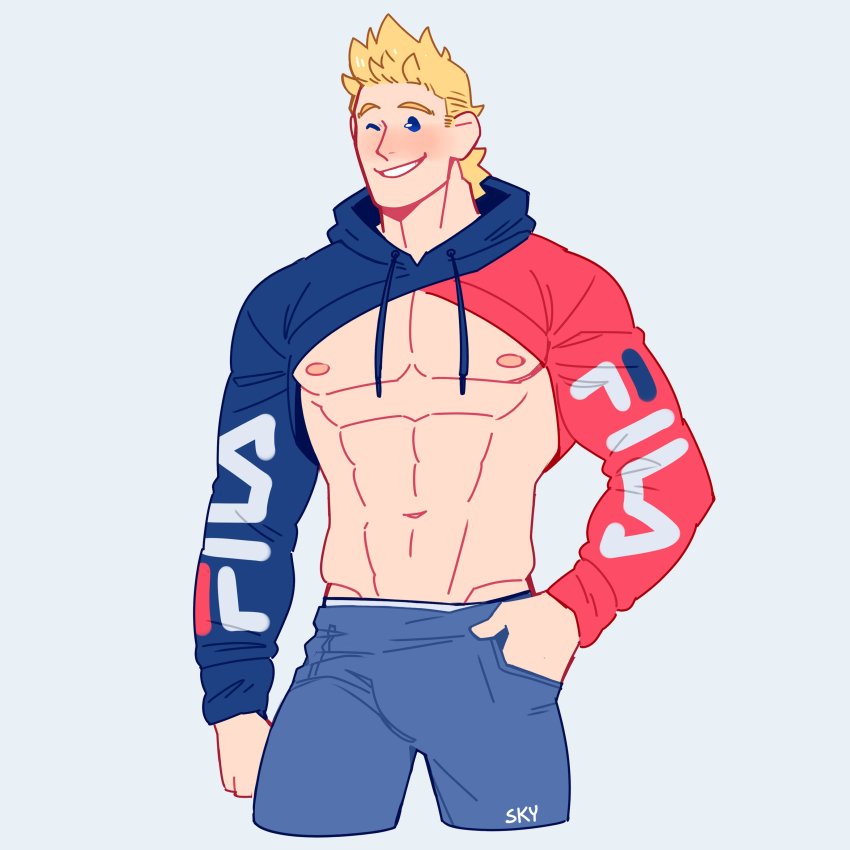 1boy, abs, absurdres, alternate_costume, bara, bare_pectorals, blonde_hair, blue_eyes