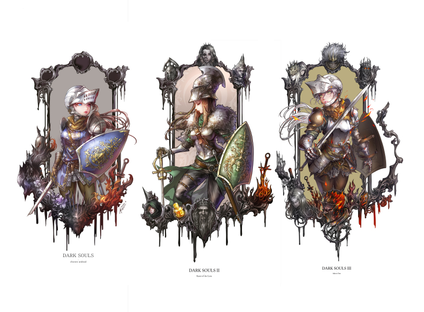 6+girls, absurdres, arm_at_side, armor, artorias_the_abysswalker, beard, bearer_of_the_curse, belt