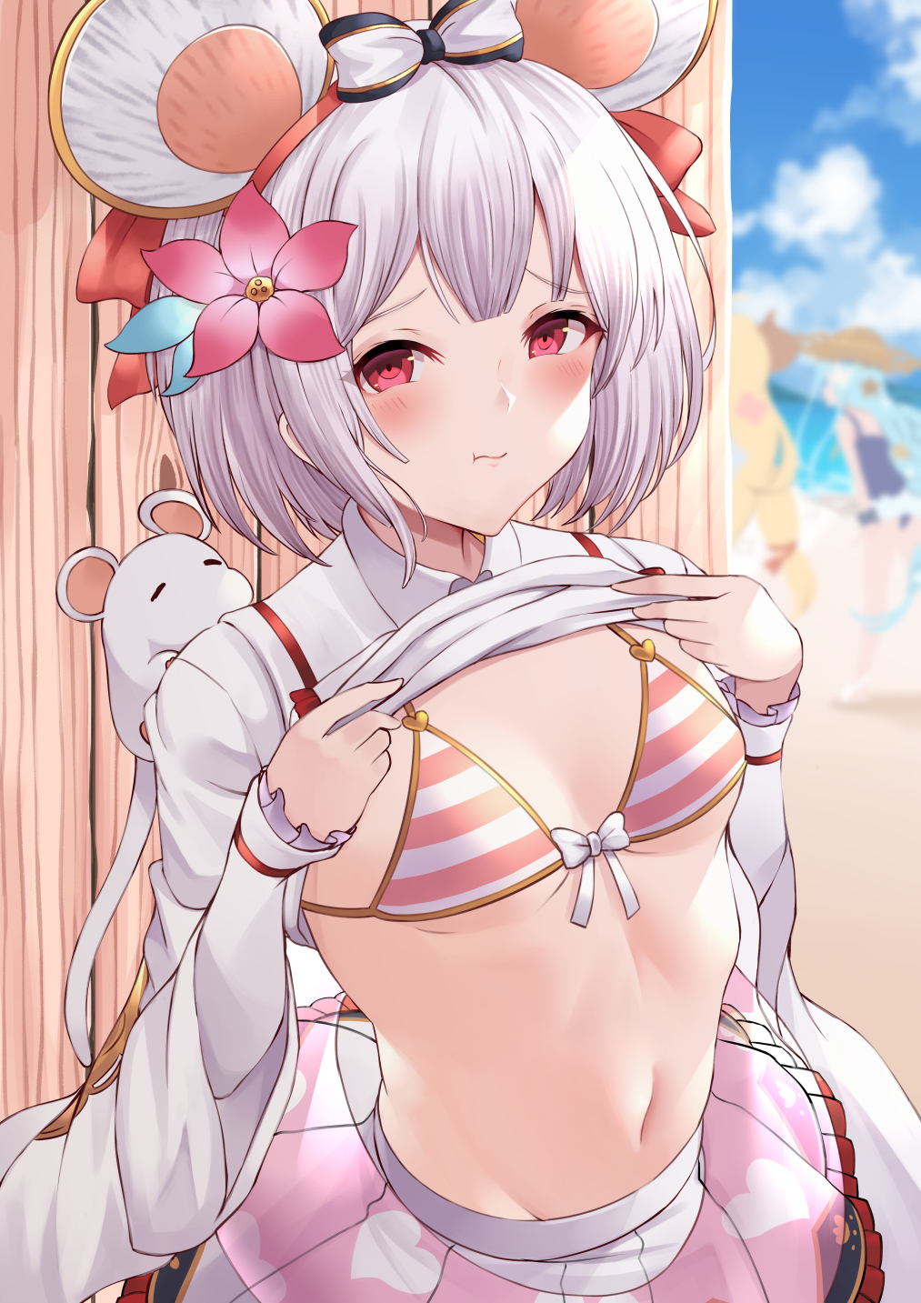 3girls, :t, anila_(granblue_fantasy), animal_ears, bikini, bikini_skirt, bikini_under_clothes, blonde_hair