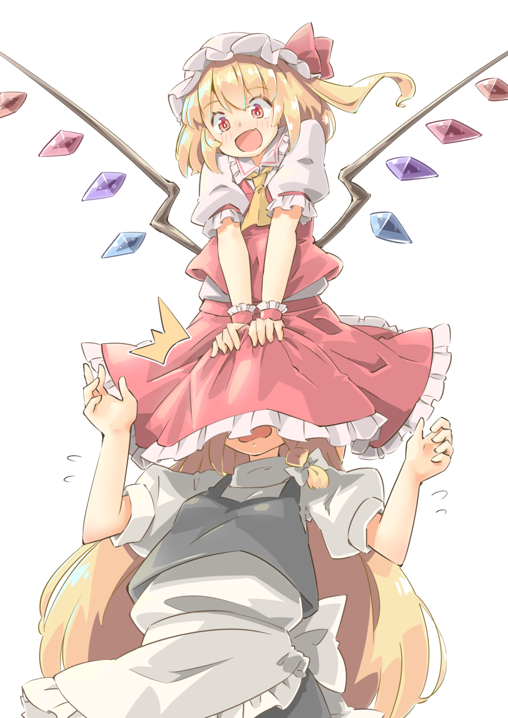 2girls, :d, ^^^, apron, arnest, ascot, black_shirt, black_skirt