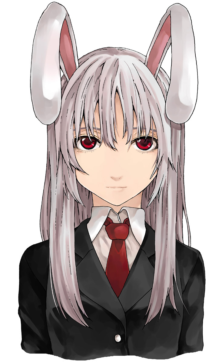 1girl, animal_ears, blazer, buttons, collared_shirt, expressionless, jacket, kurokoeda, light_purple_hair, long_hair, looking_at_viewer, necktie, rabbit_ears, red_eyes, red_necktie, reisen_udongein_inaba, shirt, simple_background, solo, touhou, upper_body, white_background, white_shirt