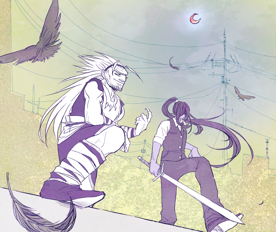 2boys, boots, brothers, facial_hair, fur_trim, gannen_harst, hatsune_(leaden_heart07), holding