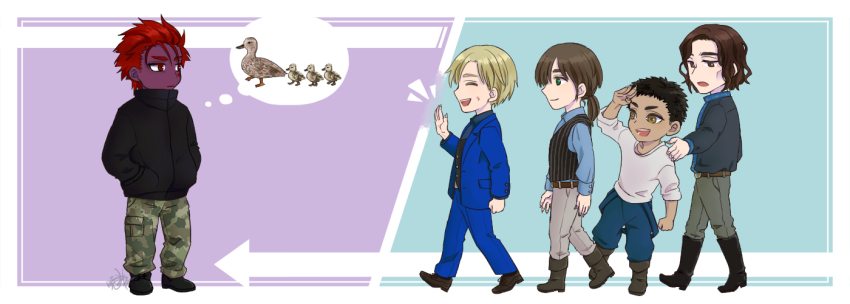 5boys, bad_id, bad_twitter_id, bird, blonde_hair, blue_suit, brown_hair, chibi