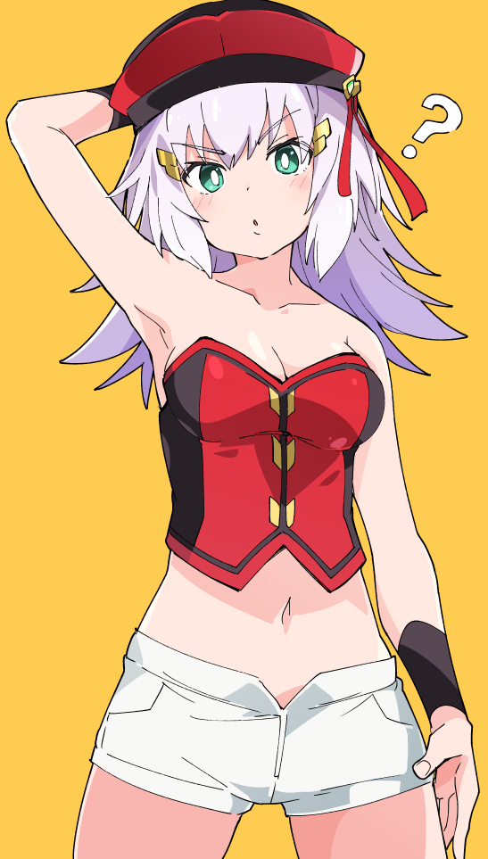 1girl, :o, ?, arm_behind_head, armpits, bare_shoulders, breasts, cleavage