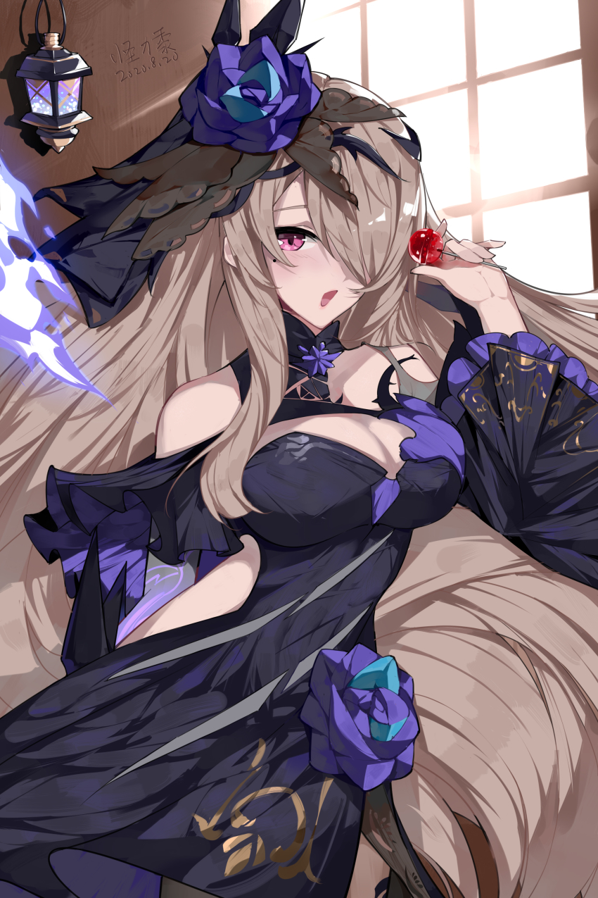 1girl, absurdres, artist_name, black_dress, black_veil, blue_flower, blue_rose, blush