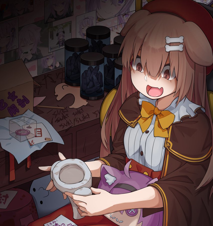 1girl, absurdres, animal_ears, beret, bone_hair_ornament, bow, bowtie, brown_capelet, brown_eyes, brown_hair, capelet, cartoon_bone, constricted_pupils, dog_ears, dog_girl, epm, fang, hair_between_eyes, hair_down, hair_ornament, hairclip, hat, high-waist_skirt, highres, hololive, inugami_korone, inugami_korone_(street), listener_(inugami_korone), long_hair, nekomata_okayu, open_mouth, red_hat, ribbed_shirt, rlin, severed_finger, shirt, skin_fang, skirt, smile, solo, virtual_youtuber, white_shirt, yandere, yellow_bow, yellow_bowtie