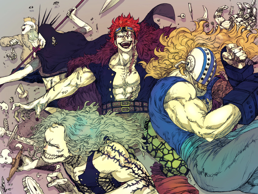 5boys, abs, arm_tattoo, bare_shoulders, belt, biceps, blonde_hair, broken, broken_chain, buttons, cape, chain, closed_eyes, collarbone, covered_face, eustass_kid, evil_smile, facial_hair, fingernails, fishnet_top, fishnets, floating_hair, goatee, goggles, goggles_on_head, green_hair, grin, heat_(one_piece), helm, helmet, highres, holding, holding_weapon, hood, hood_up, hooded_cape, jumping, killer_(one_piece), long_hair, male_focus, mask, metal, mohawk, multiple_boys, muscular, muscular_male, nail_polish, one_piece, open_clothes, open_mouth, open_shirt, outstretched_arm, pants, pectorals, prosthesis, prosthetic_hand, red_hair, scar, scar_across_eye, scar_on_face, shirt, shiso_i4, short_hair, short_sleeves, sleeveless, sleeveless_shirt, smile, stomach, sunglasses, tattoo, unbuttoned, vest, weapon, wire_(one_piece)