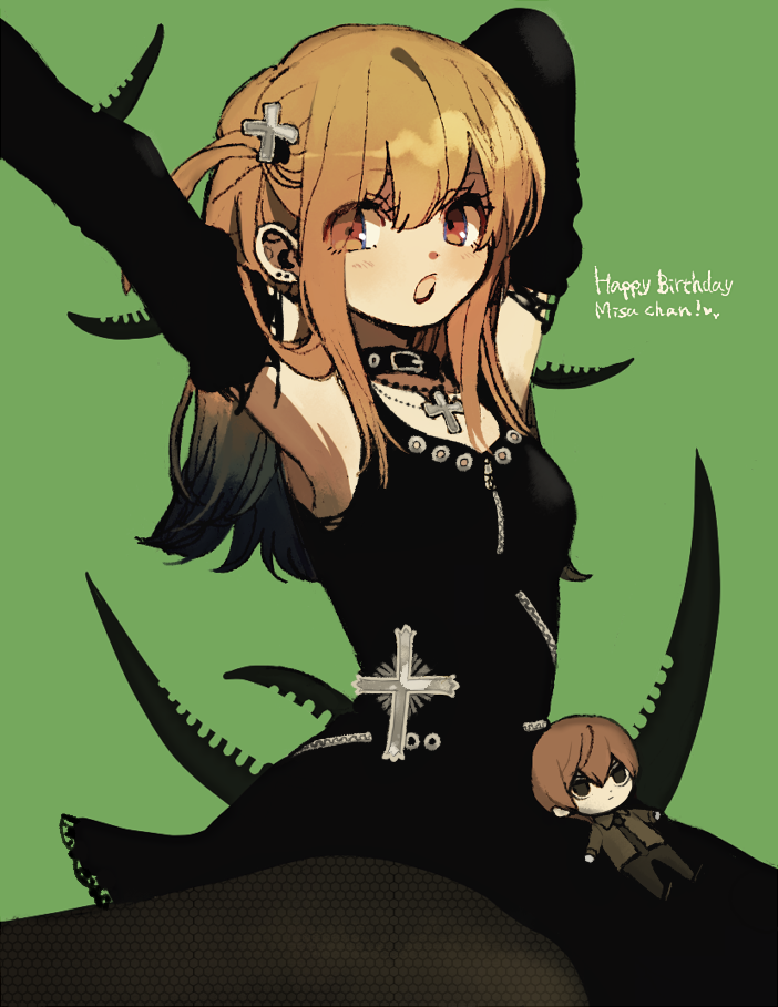 1girl, amane_misa, belt_collar, black_dress, blonde_hair, brown_eyes, character_doll, collar, cross, death_note, detached_sleeves, doll, dress, english_text, green_background, hands_up, happy_birthday, ka_(996beshi), latin_cross, long_hair, looking_at_viewer, one_side_up, open_mouth, simple_background, solo, stretching, yagami_light
