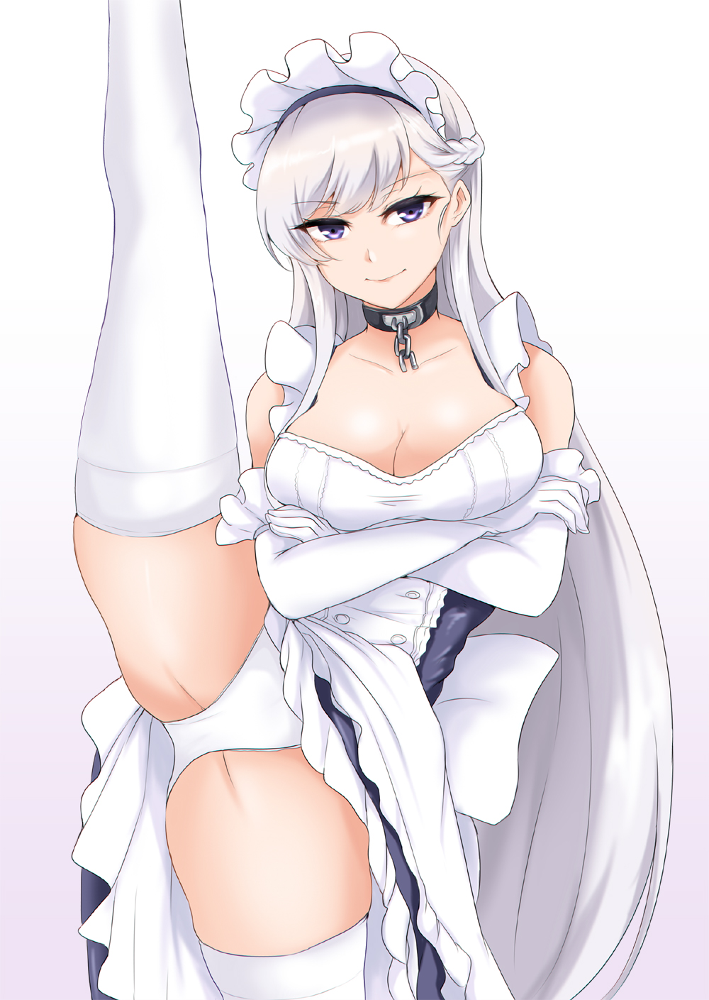 1girl, azur_lane, belfast_(azur_lane), braid, breasts, cleavage, closed_mouth, collarbone