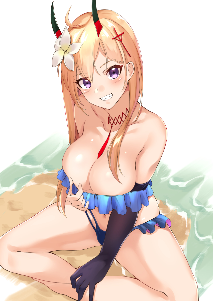 1girl, absurdres, azur_lane, bare_legs, bare_shoulders, bikini, black_gloves, blonde_hair