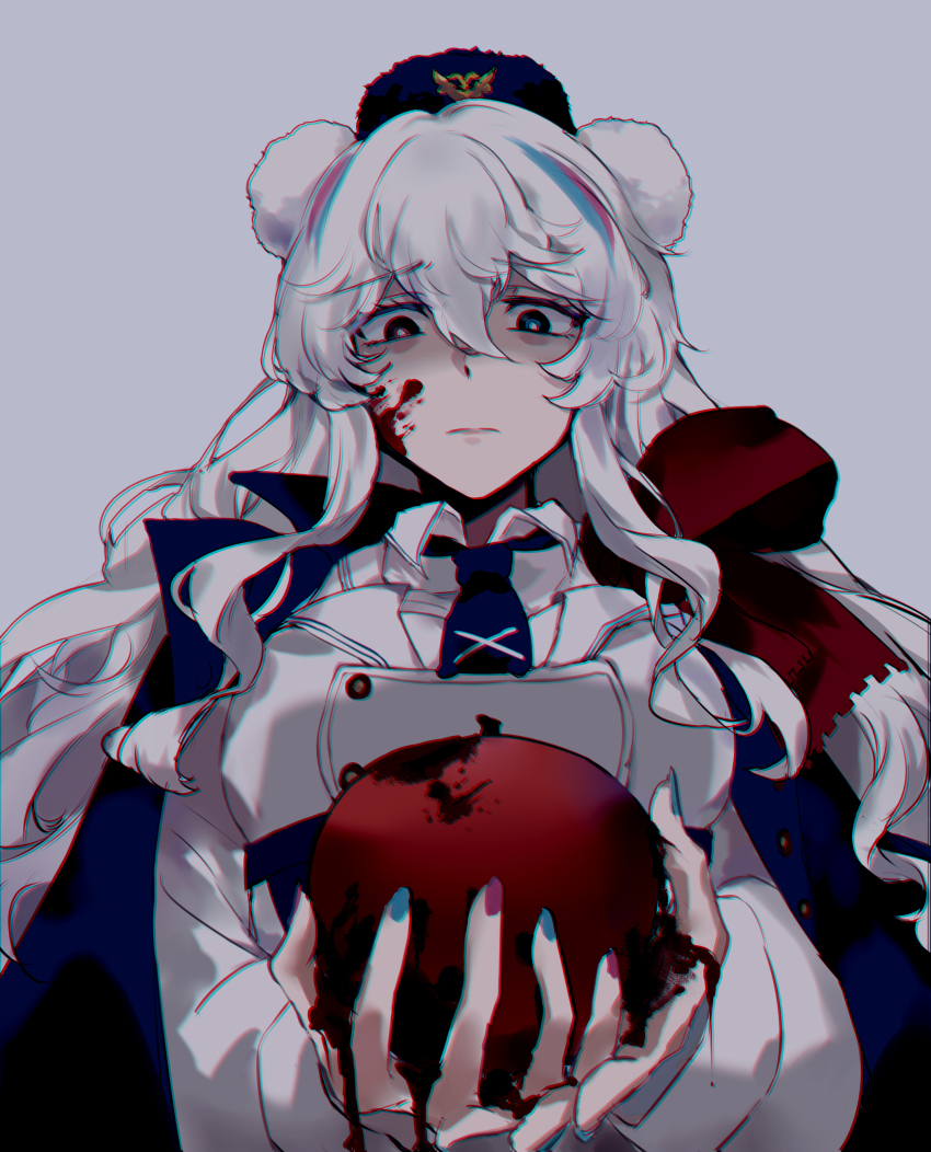 1girl, absurdres, animal_ears, apple, arknights, bear_ears, blood, blood_on_face