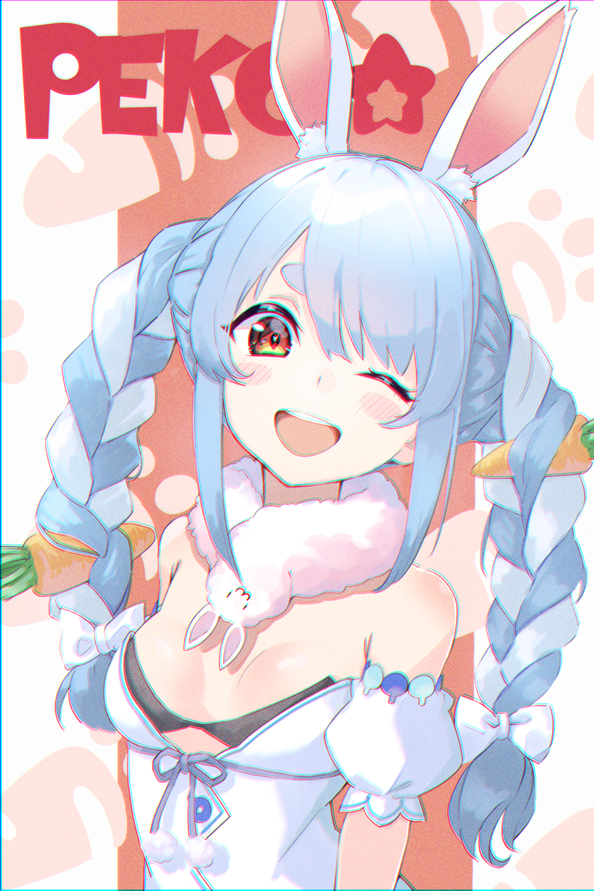 1girl, ;d, animal_ear_fluff, animal_ears, armpit_crease, black_bra, blue_hair, blush_stickers