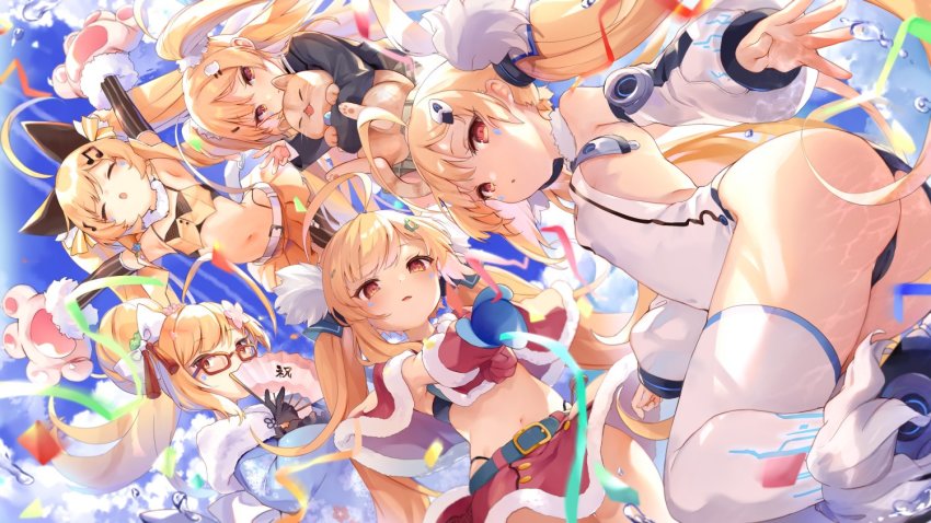 ahoge, azur_lane, blonde_hair, breasts, detached_sleeves, eldridge_(azur_lane), eldridge_(holy_night's_embrace)_(azur_lane), eldridge_(kitty_idol)_(azur_lane), eldridge_(new_year's_outing)_(azur_lane), eldridge_(the_inquisitive_recluse)_(azur_lane), facial_mark, fortissimo, hair_ornament, hairclip, kedama_milk, loading_screen, long_hair, long_sleeves, multiple_persona, musical_note, musical_note_hair_ornament, official_alternate_costume, official_art, puffy_long_sleeves, puffy_sleeves, small_breasts, twintails, very_long_hair, white_legwear, white_sleeves