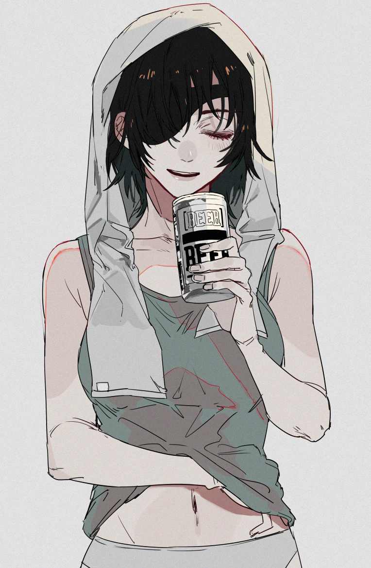 1girl, alcohol, beer_can, black_hair, breasts, can, chainsaw_man, closed_eyes