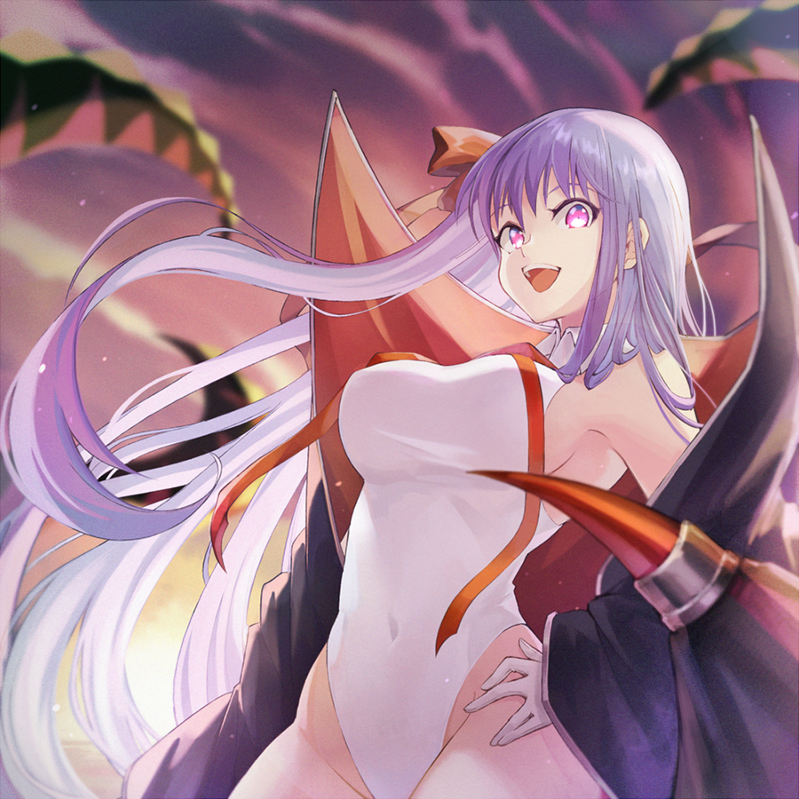 1girl, 23@5, bb_(fate), bb_(swimsuit_mooncancer)_(third_ascension)_(fate), black_coat, blurry, breasts, cloud