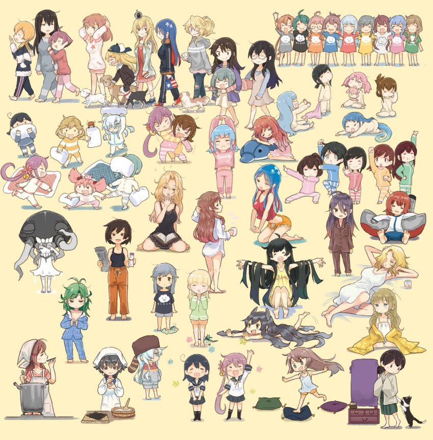 6+girls, abyssal_ship, ahoge, akagi_(kancolle), akebono_(kancolle), akigumo_(kancolle), alternate_costume, animal, antenna_hair, ariake_(kancolle), asagumo_(kancolle), ashigara_(kancolle), closed_eyes, dog, fubuki_(kancolle), hatakaze_(kancolle), hatsukaze_(kancolle), headgear, helena_(kancolle), hibiki_(kancolle), highres, hiryuu_(kancolle), hornet_(kancolle), houston_(kancolle), i-47_(kancolle), ikazuchi_(kancolle), inazuma_(kancolle), iowa_(kancolle), ise_(kancolle), jervis, jingei_(kancolle), kaiboukan_no._4_(kancolle), kantai_collection, kasuga_maru_(kancolle), kasumi_(kancolle), kazagumo_(kancolle), long_hair, makigumo_(kancolle), mamiya_(kancolle), matsu_(kancolle), minegumo_(kancolle), mizuho_(kancolle), mogami_(kancolle), multicolored_hair, multiple_girls, multiple_views, murakumo_(kancolle), nagato_(kancolle), oboro_(kancolle), ooi_(kancolle), ooyodo_(kancolle), open_mouth, pajamas, ponytail, prinz_eugen_(kancolle), rice, saiguchi_otoufu, sakawa_(kancolle), samidare_(kancolle), saratoga_(kancolle), sazanami_(kancolle), school_uniform, serafuku, shin'you_(kancolle), short_hair, simple_background, south_dakota_(kancolle), standing, star_(symbol), taiyou_(kancolle), ushio_(kancolle), usugumo_(kancolle), verniy_(kancolle), very_long_hair, warspite_(kancolle), wo-class_aircraft_carrier, yamagumo_(kancolle), yashiro_(kancolle), yawning, yellow_background, yuugumo_(kancolle)