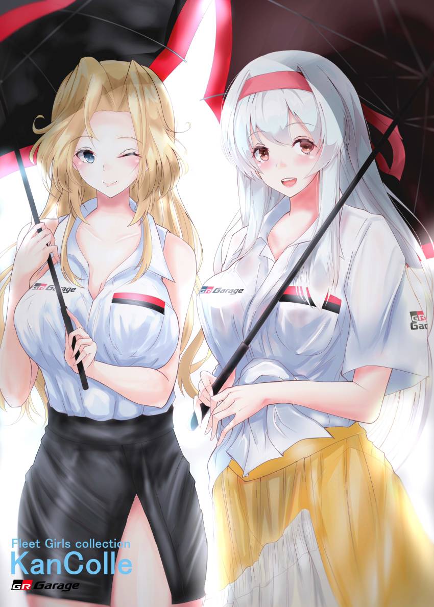 2girls, :d, ;), absurdres, alternate_costume, black_skirt, blonde_hair, blue_eyes, breast_pocket, breasts, brown_eyes, cleavage, copyright_name, cowboy_shot, gr, hairband, highres, holding, holding_umbrella, hornet_(kancolle), kantai_collection, large_breasts, long_hair, looking_at_viewer, multiple_girls, muneate, one_eye_closed, open_mouth, pencil_skirt, pocket, red_hairband, shamo_(ptwmjgda), shirt, shoukaku_(kancolle), simple_background, skirt, sleeveless, sleeveless_shirt, smile, tied_shirt, umbrella, white_background, white_hair, white_shirt, yellow_skirt