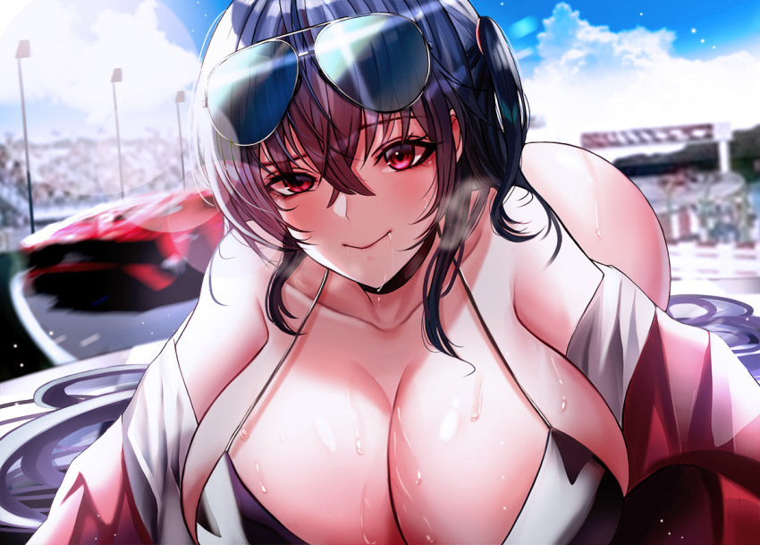 1girl, ass, azur_lane, bad_id, bad_pixiv_id, bikini, black_bikini, black_hair, breasts, choker, cleavage, crossed_bangs, eyewear_on_head, ga_yeah, hair_between_eyes, huge_breasts, jacket, leaning_forward, looking_at_viewer, multi-strapped_bikini, multiple_straps, off-shoulder_jacket, off_shoulder, official_alternate_costume, race_queen, red_eyes, red_jacket, solo, sunglasses, sweat, swimsuit, taihou_(azur_lane), taihou_(enraptured_companion)_(azur_lane)