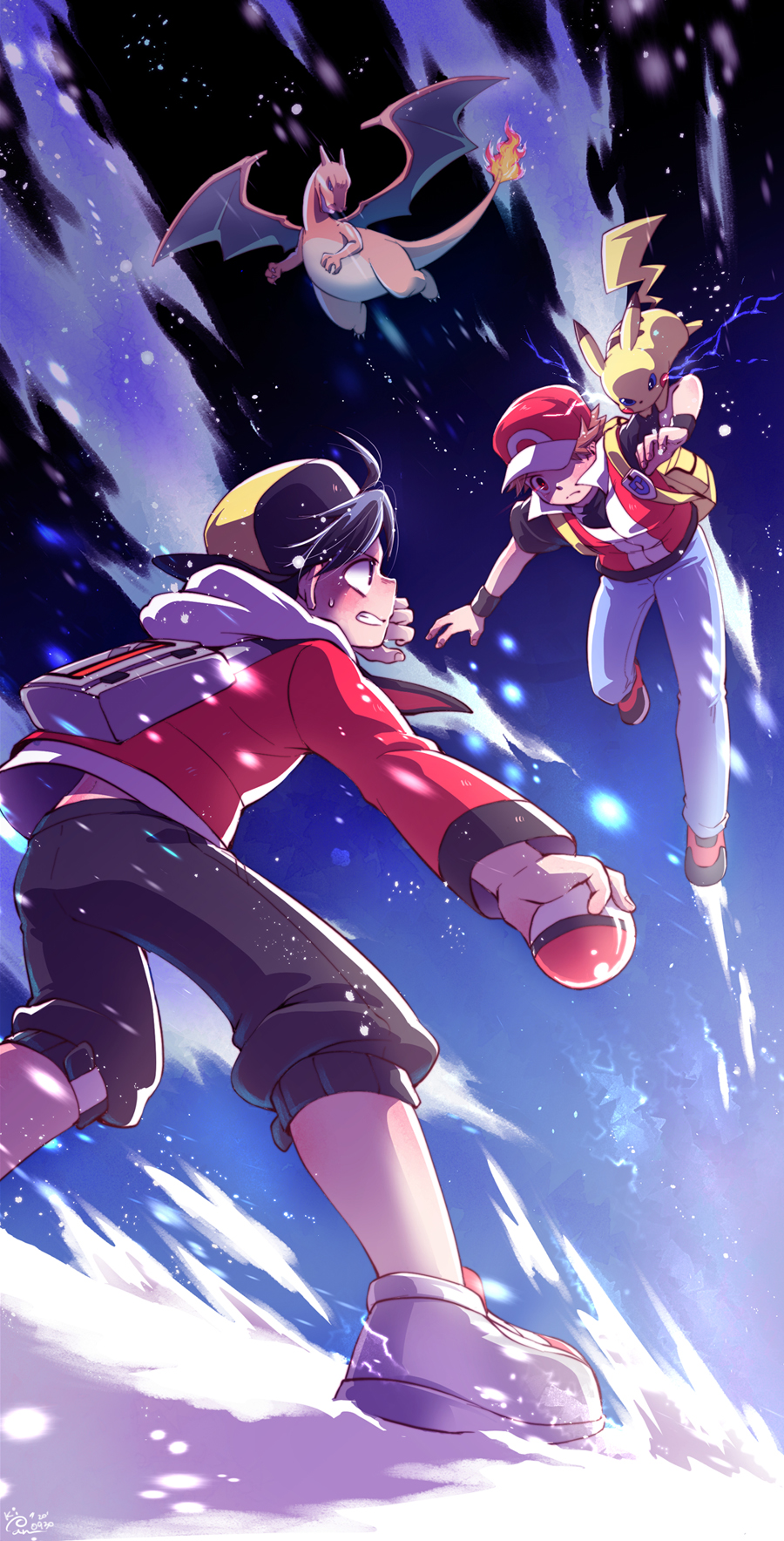 2boys, backpack, backwards_hat, bag, baseball_cap, black_hair, black_pants, capri_pants, charizard, commentary_request, electricity, ethan_(pokemon), eye_contact, fire, flame-tipped_tail, gen_1_pokemon, hat, highres, holding, holding_poke_ball, jacket, kipam, legs_apart, long_sleeves, looking_at_another, looking_up, male_focus, multiple_boys, nintendo, pants, pikachu, poke_ball, poke_ball_(basic), pokemon, pokemon_(creature), pokemon_heartgold_and_soulsilver, pokemon_on_arm, red_(pokemon), short_sleeves, snow, tail, teeth, vs_seeker, wristband