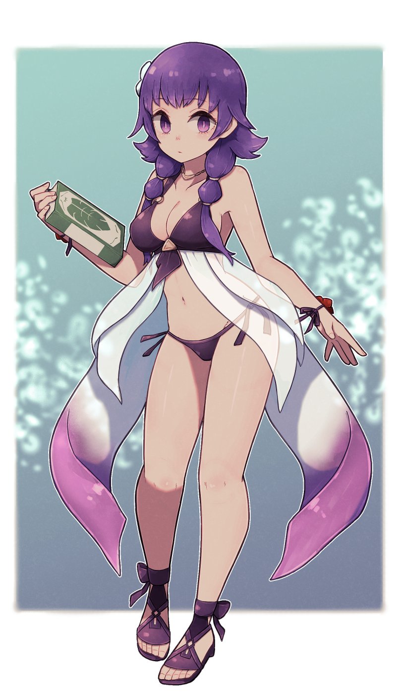 1girl, bikini, book, breasts, cleavage, closed_mouth, fire_emblem, fire_emblem:_the_sacred_stones, fire_emblem_heroes, flower, full_body, hair_flower, hair_ornament, highres, holding, holding_book, lamb-oic029, long_hair, looking_at_viewer, lute_(fire_emblem), lute_(summer)_(fire_emblem), medium_breasts, nintendo, purple_eyes, purple_hair, sandals, solo, standing, swimsuit