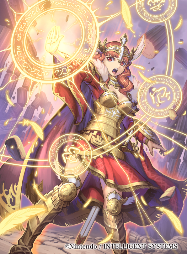 armor, armored_boots, belt, boots, breasts, celica_(fire_emblem), celica_(queen_of_valentia)_(fire_emblem), cleavage, feathers, fire_emblem, fire_emblem_cipher, fire_emblem_echoes:_shadows_of_valentia, fire_emblem_heroes, hata_(pixiv4102938), headband, long_hair, magic_circle, nintendo, official_art, open_mouth, red_eyes, red_hair, rock, solo, sparkle, sword, teeth, weapon