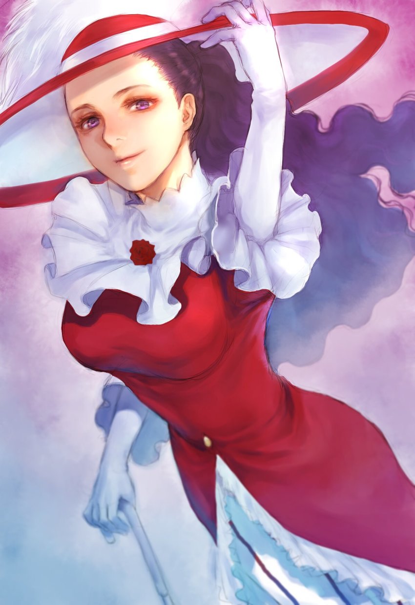 1girl, brown_hair, dress, floating_hair, from_above, gundam, hat, highres, lily_borjarnon, long_hair, looking_up, purple_eyes, red_dress, solo, takeda_yuuko, turn_a_gundam