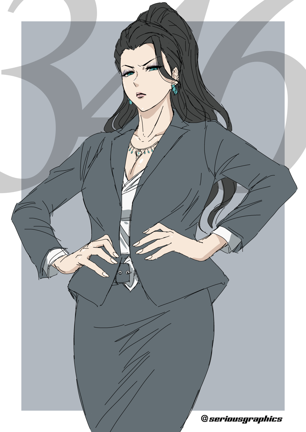 1girl, belt, black_hair, blazer, border, breasts, business_suit, cleavage, commentary_request, earrings, executive_mishiro, formal_clothes, green_eyes, hands_on_own_hips, high_ponytail, highres, idolmaster, idolmaster_cinderella_girls, jacket, jewelry, large_breasts, long_hair, necklace, open_clothes, open_jacket, ponytail, serious_graphics, shirt, single_sidelock, skirt, skirt_suit, standing, suit, white_border, white_shirt