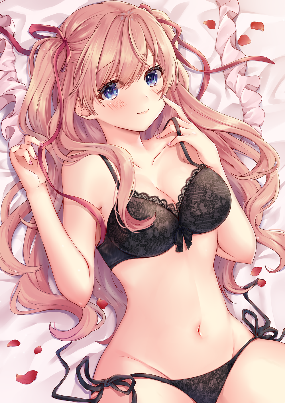 1girl, bare_arms, bare_shoulders, bed_sheet, black_bra, black_panties, blue_eyes, blush