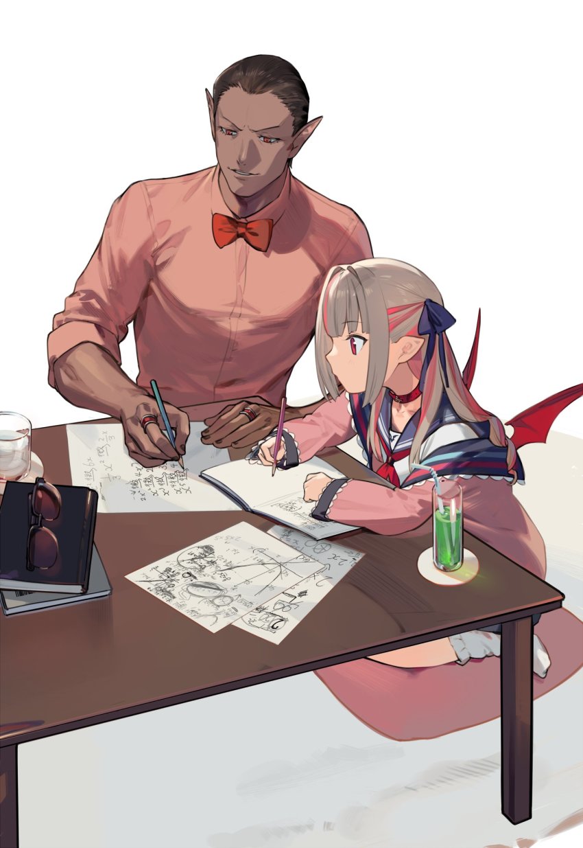 1boy, 1girl, bat_wings, black_hair, black_nails, blue_bow, book, bow, bowtie, choker, collarbone, cup, cushion, dark_skin, drinking_straw, duoyuanjun, gradient_hair, grey_hair, gwelu_os_gar, gwelu_os_gar_(1st_costume), hair_bow, highres, homework, jewelry, kneeling, long_hair, makaino_ririmu, makaino_ririmu_(4th_costume), math, multicolored_hair, nail_polish, nijisanji, pencil, pink_shirt, pointy_ears, red_choker, red_eyes, red_hair, red_neckwear, ring, school_uniform, serafuku, shirt, simple_background, sunglasses, table, unworn_eyewear, virtual_youtuber, white_background, wings
