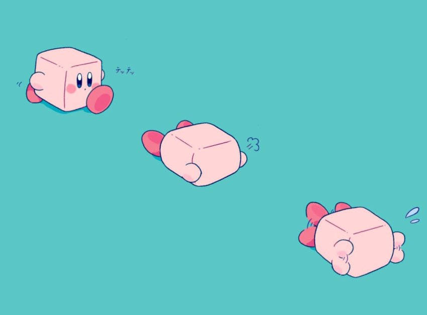1boy, puff_of_air, aqua_background, blue_eyes, blush_stickers, colored_skin, commentary, flying_sweatdrops, harukui, kirby, kirby_(series), male_focus, minecraft, motion_lines, multiple_views, nintendo, no_humans, on_floor, pink_skin, simple_background, solid_oval_eyes, sound_effects, super_smash_bros., translation_request, walking