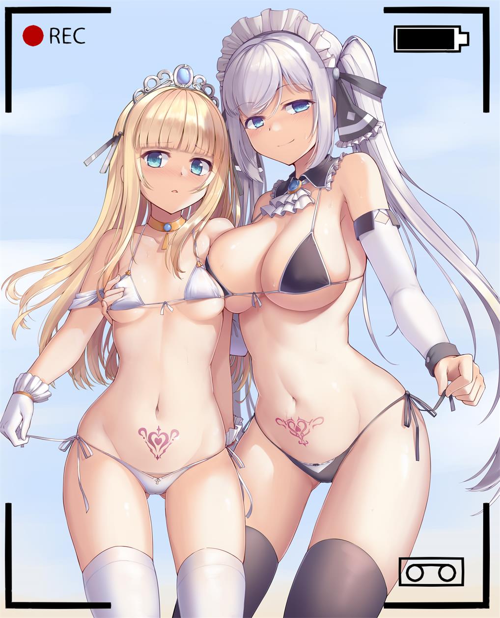 2girls, bikini, black_bikini, black_legwear, blonde_hair, blue_eyes, breasts, cowboy_shot