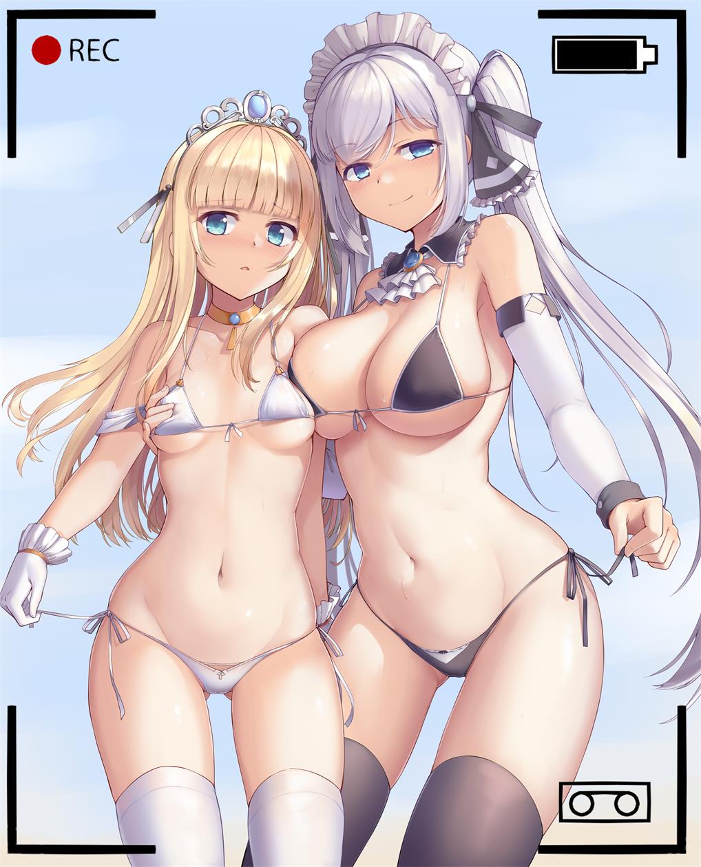 2girls, bikini, black_bikini, black_legwear, blonde_hair, blue_eyes, breasts, cowboy_shot, detached_collar, detached_sleeves, gloves, highres, kuromori_(1010845110), large_breasts, long_hair, maid, maid_bikini, micro_bikini, multiple_girls, navel, original, recording, side-tie_bikini_bottom, small_breasts, standing, string_bikini, swimsuit, thighhighs, twintails, unconventional_maid, white_bikini, white_gloves, white_hair, white_legwear