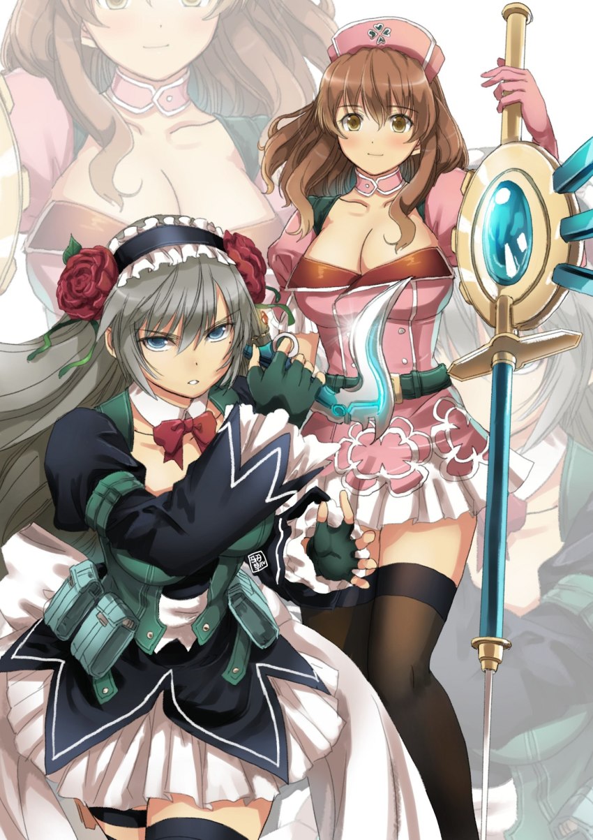 2girls, bad_id, bad_pixiv_id, blue_eyes, breasts, brown_eyes, brown_hair, cleavage, garimpeiro, grey_hair, hat, highres, holding, holding_knife, holding_syringe, knife, long_hair, looking_at_viewer, magical_girl, mahou_shoujo_tokushusen_asuka, mugen_kurumi, multiple_girls, nurse_cap, ootorii_asuka, open_mouth, syringe, zoom_layer
