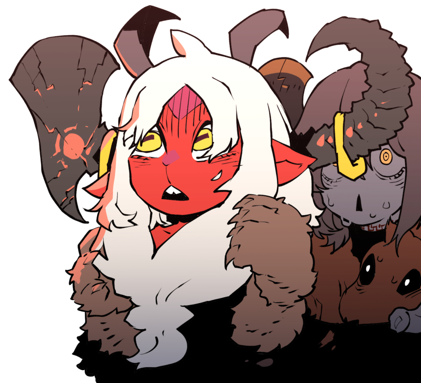 2girls, axe, axehorn_(ssambatea), baphomet_(niking), borrowed_character, claws, colored_skin, demon_girl, highres, horizontal_pupils, horns, monster_girl, multiple_girls, original, parted_lips, pelt, pointy_ears, red_skin, simple_background, ssambatea, sweatdrop, triangle_mouth, white_background, white_hair, wide-eyed, yellow_eyes