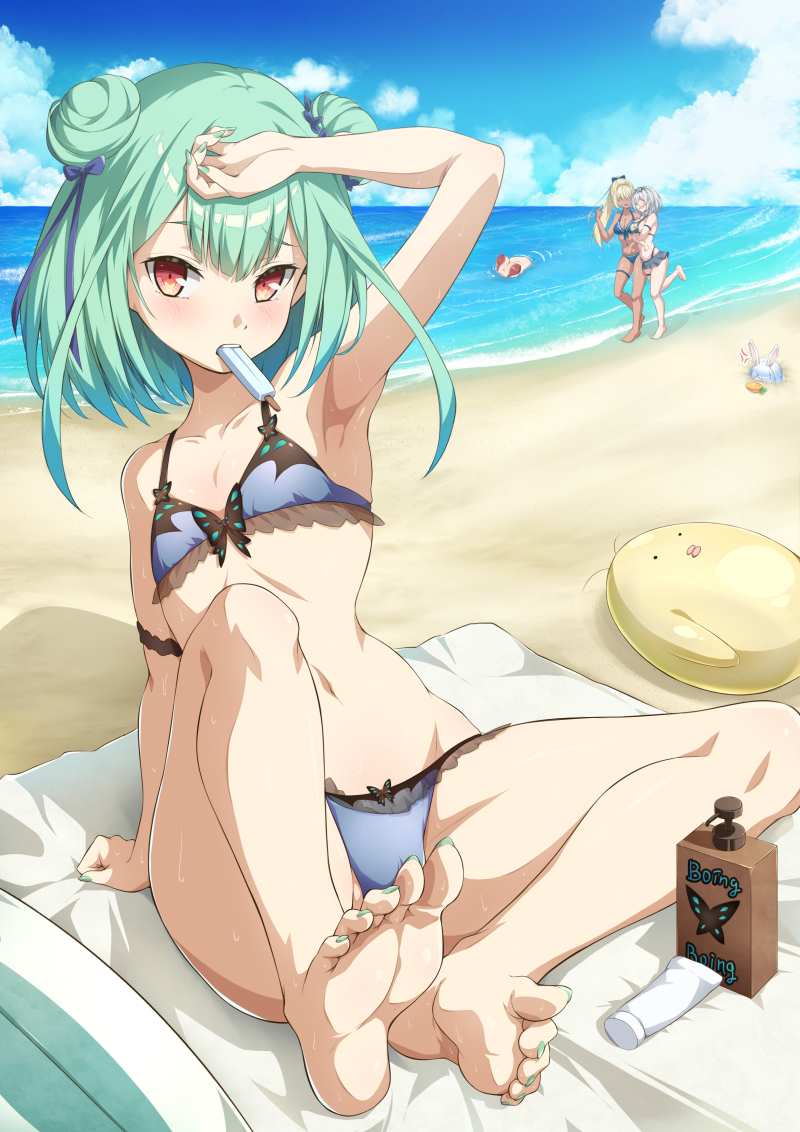 5girls, alternate_costume, animal_print, arm_above_head, arm_garter, armpits, bare_shoulders, barefoot, beach, bikini, blue_sky, blush, bow, butterfly_print, butterfly_sitting, cameltoe, collarbone, commentary_request, day, double_bun, embarrassed, feet, flat_chest, food, food_in_mouth, frilled_bikini, frilled_swimsuit, frills, full_body, gg980987, green_hair, green_nails, groin, hair_bun, hair_ornament, hair_ribbon, hanuma_hanma, hip_bones, hololive, hololive_fantasy, houshou_marine, looking_at_viewer, multiple_girls, nail_polish, outdoors, popsicle, red_eyes, ribbon, ribs, shading_eyes, shiranui_flare, shirogane_noel, short_hair, sidelocks, sitting, skull_hair_ornament, sky, soles, solo_focus, summer, sweat, swimsuit, toenail_polish, toenails, toes, towel, uruha_rushia, usada_pekora, virtual_youtuber, water