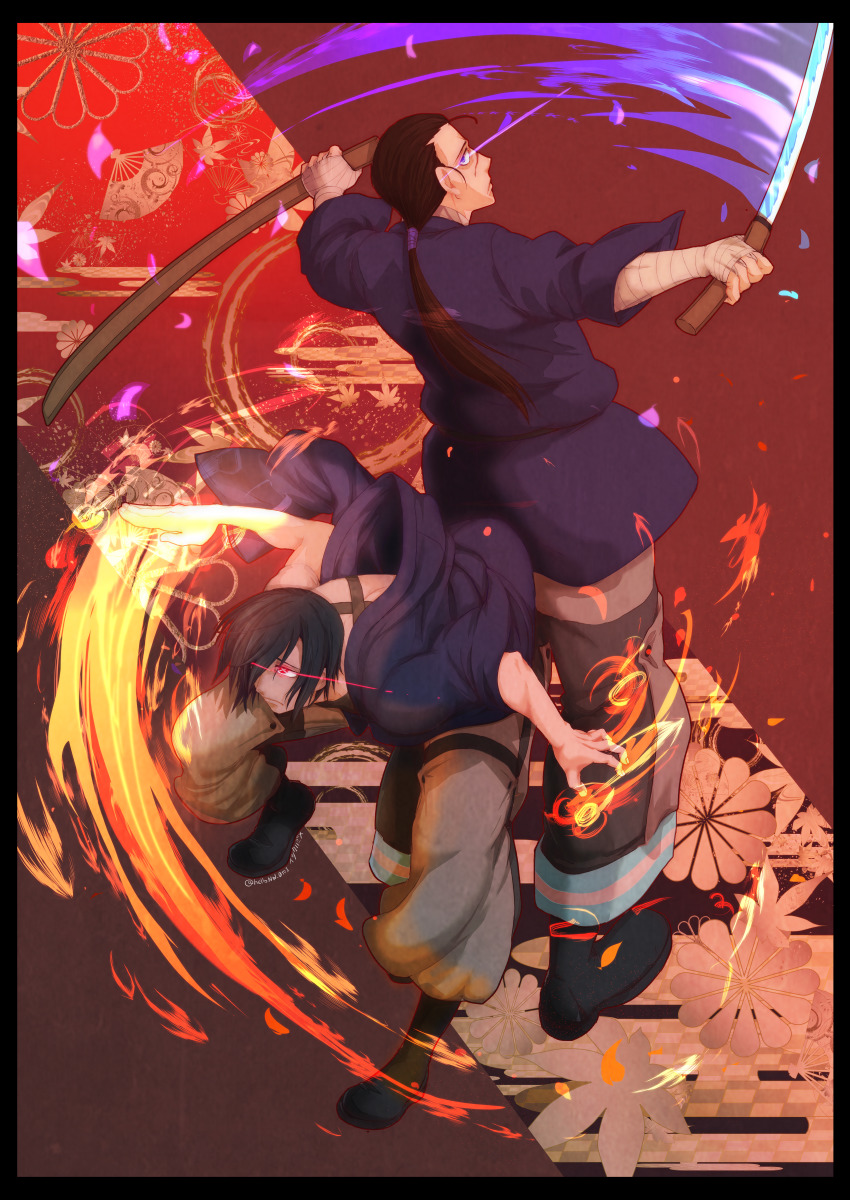 2boys, absurdres, arm_wrap, artist_name, bad_anatomy, black_footwear, black_hair, blue_eyes