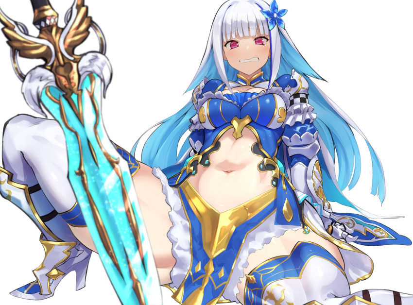 1girl, blue_dress, blue_hair, blunt_bangs, blush, breasts, cleavage, clenched_teeth, colored_inner_hair, dress, embarrassed, frills, hair_ornament, hairclip, high_heels, highres, light_blue_hair, lize_helesta, lize_helesta_(valkyrie_hero), long_hair, looking_at_viewer, medium_breasts, multicolored_hair, navel, nijisanji, nuezou, purple_eyes, sidelocks, silver_hair, simple_background, solo, spread_legs, streaked_hair, sweatdrop, sword, tears, teeth, thighhighs, upper_body, virtual_youtuber, weapon, white_background