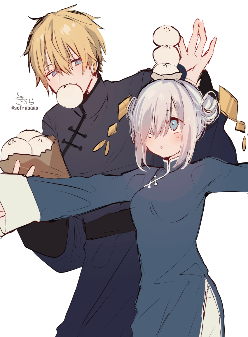 1boy, 1girl, :o, absurdres, ars_almal, bag, balancing, blonde_hair