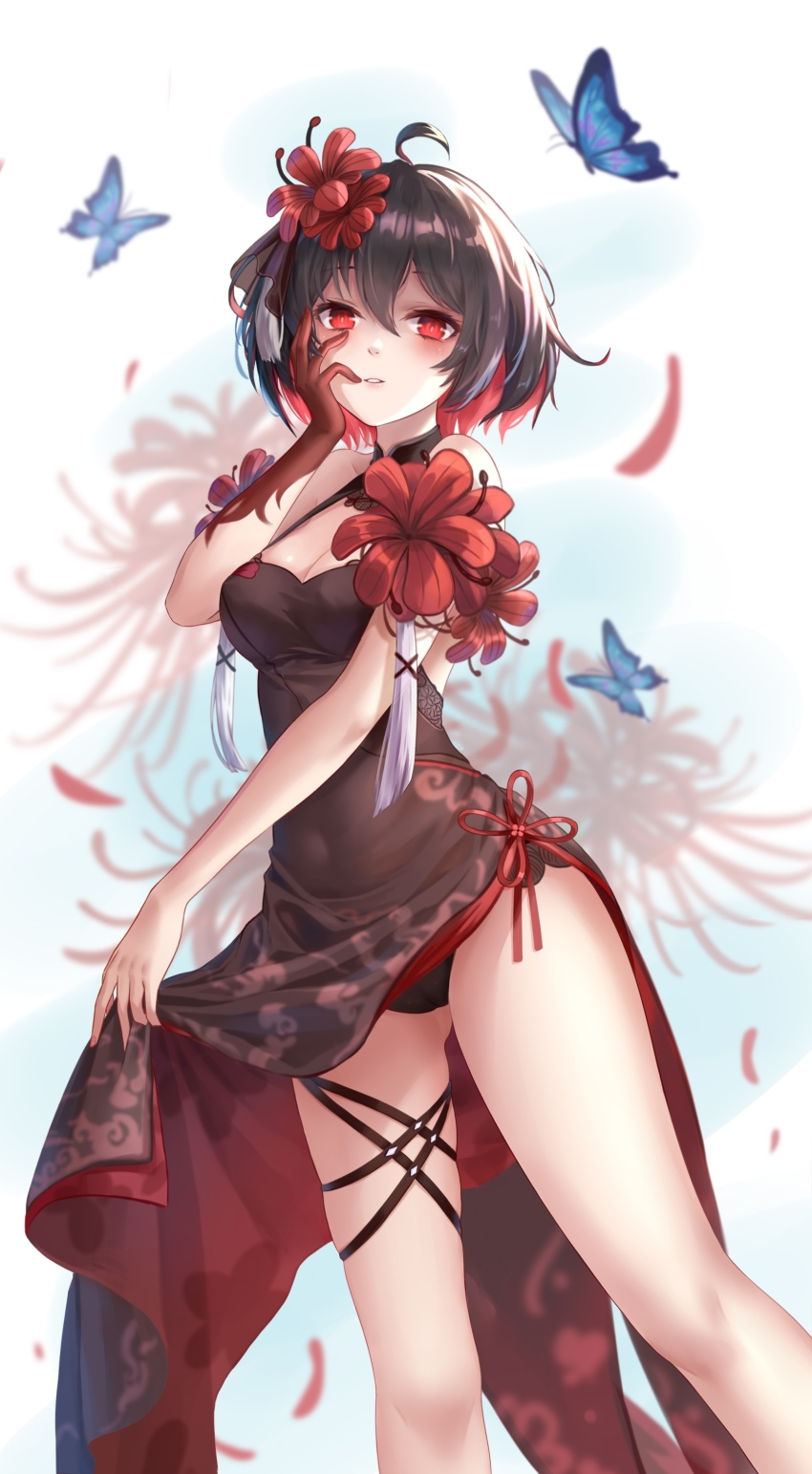 1girl, absurdres, ahoge, bare_shoulders, black_hair, black_panties, blue_butterfly, blush