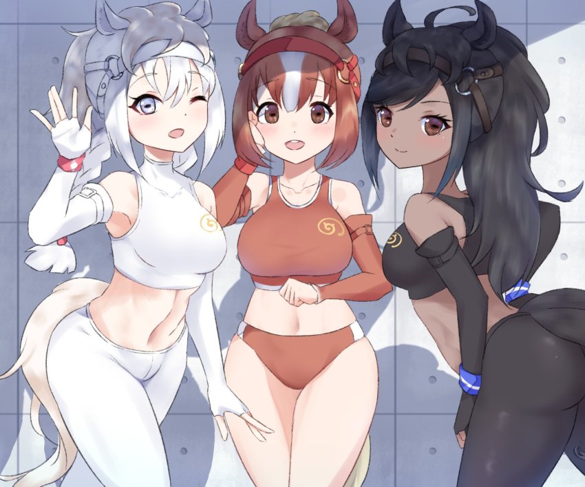 3girls, akitsu_tombo, animal_ears, bare_shoulders, black_gloves, black_hair, black_leggings, black_sports_bra