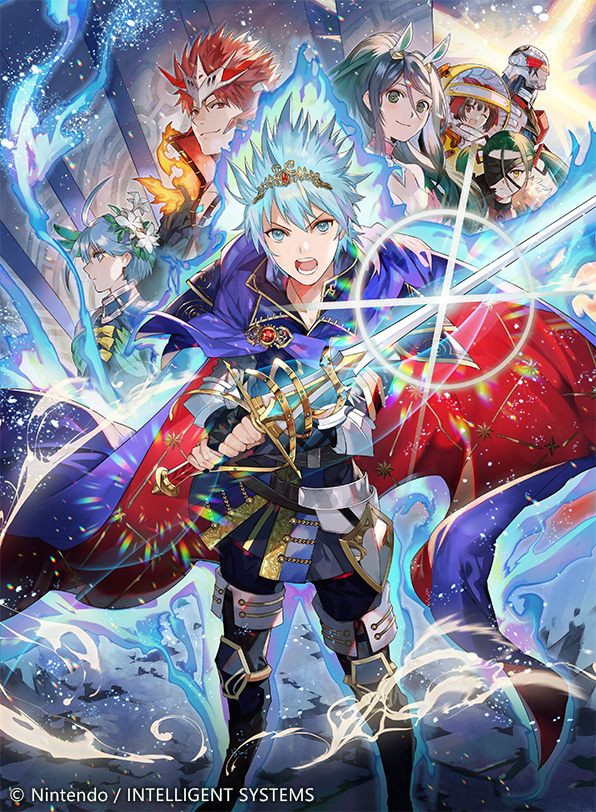 akagi_toma, aoi_itsuki, blue_hair, cape, fire_emblem, fire_emblem_cipher, flower, glowing, glowing_hair, hair_flower, hair_ornament, kurono_kiria, kyouka_hatori, lens_flare, looking_at_viewer, minamoto_mamori, nintendo, open_mouth, oribe_tsubasa, smile, spiked_hair, sword, tiara, tokyo_mirage_sessions_fe, tsurugi_yashiro, twintails, weapon, yumizuru_eleanora