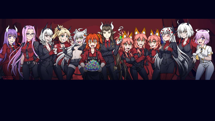 6+girls, alternate_costume, animal_ears, atalanta_(fate), atalanta_alter_(fate), azazel_(helltaker), azazel_(helltaker)_(cosplay), bb_(fate), bb_(fate/extra), beelzebub_(helltaker), beelzebub_(helltaker)_(cosplay), black_gloves, black_jacket, black_pants, black_shorts, black_skirt, blonde_hair, blush, bow, breasts, brown_hair, burbur, carmilla_(fate), cerberus_(helltaker), cerberus_(helltaker)_(cosplay), cigarette, closed_mouth, cosplay, demon_horns, demon_tail, fate/grand_order, fate_(series), formal_clothes, fox_ears, fujimaru_ritsuka_(female), glasses, gloves, green_eyes, hair_ribbon, halo, hand_on_own_hip, helltaker, helltaker_(character), helltaker_(character)_(cosplay), highres, horns, jacket, jacket_on_shoulders, jacket_over_shoulder, jeanne_d'arc_(fate), jeanne_d'arc_alter_(avenger)_(fate), jeanne_d'arc_alter_(fate), judgement_(helltaker), judgement_(helltaker)_(cosplay), justice_(helltaker), justice_(helltaker)_(cosplay), kiyohime_(fate), large_breasts, long_hair, looking_at_viewer, lucifer_(helltaker), lucifer_(helltaker)_(cosplay), malina_(helltaker), malina_(helltaker)_(cosplay), mash_kyrielight, medusa_(fate), medusa_(rider)_(fate), modeus_(helltaker), modeus_(helltaker)_(cosplay), multiple_girls, necktie, open_clothes, open_jacket, open_mouth, orange_eyes, pandemonica_(helltaker), pandemonica_(helltaker)_(cosplay), pants, pantyhose, pink_hair, purple_eyes, purple_hair, red_eyes, red_shirt, red_suit, ribbon, saint_quartz_(fate), semiramis_(fate), shirt, short_hair, short_sleeves, shorts, skirt, smile, square_pupils, standing, suit, tail, tamamo_cat_(fate), unworn_jacket, very_long_hair, white_hair, white_pants, white_shirt, yellow_eyes, zdrada_(helltaker), zdrada_(helltaker)_(cosplay)