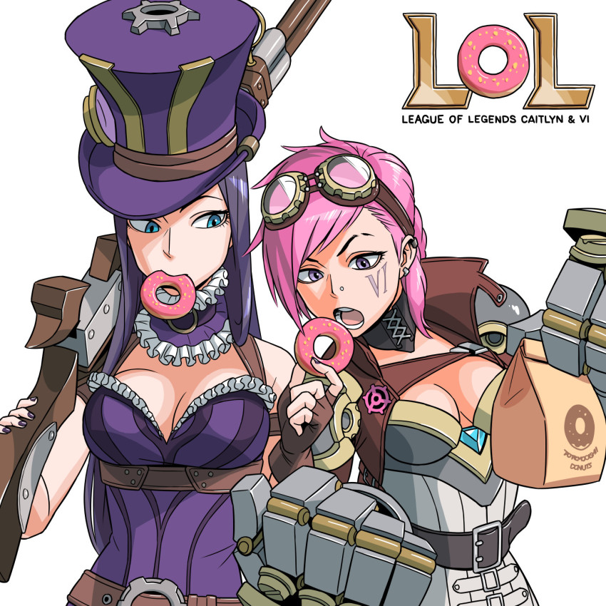 2girls, bag, belt, blue_eyes, breasts, brown_belt, brown_gloves, caitlyn_(league_of_legends)